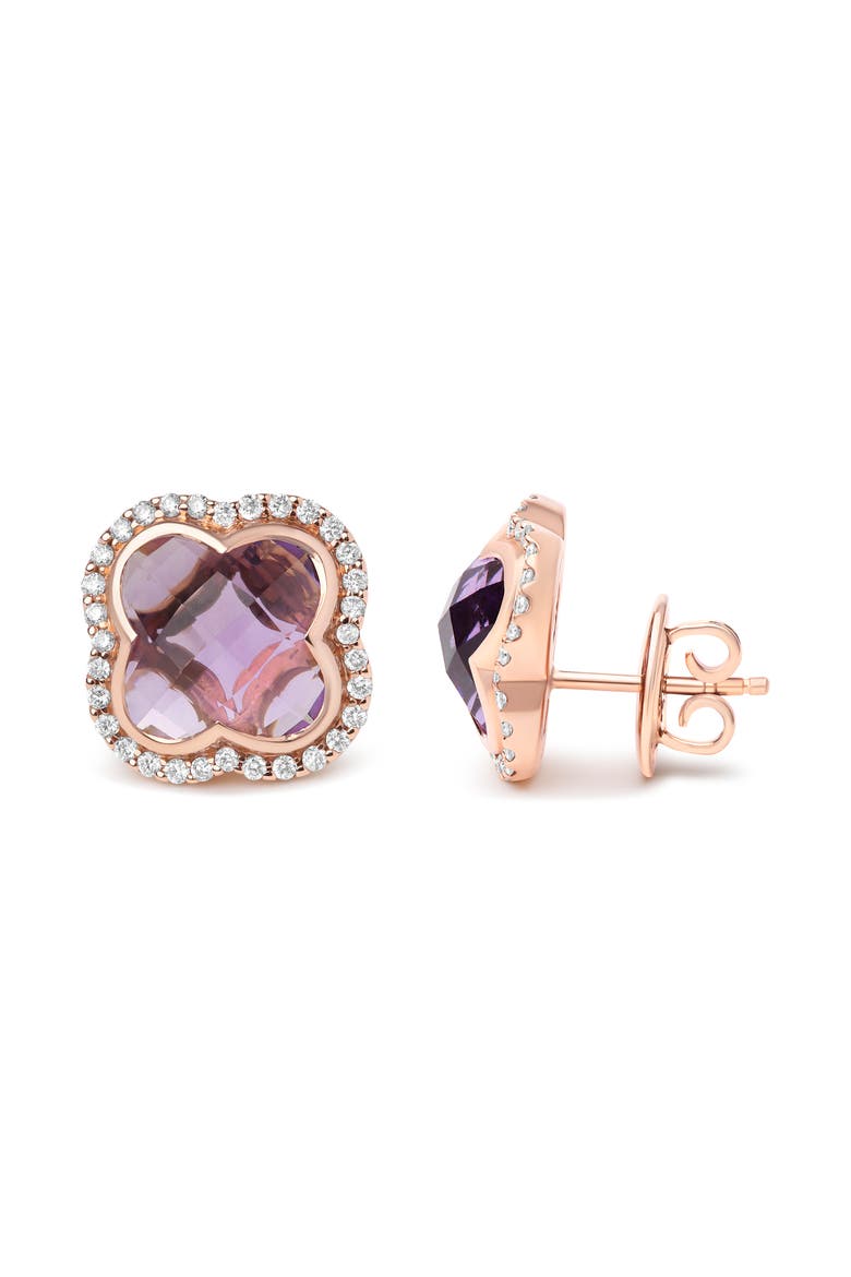 18K Rose Gold 3/8 Cttw Diamond & Amethyst Gemstone Clover Halo Stud Earrings, Alternate, color, Pink