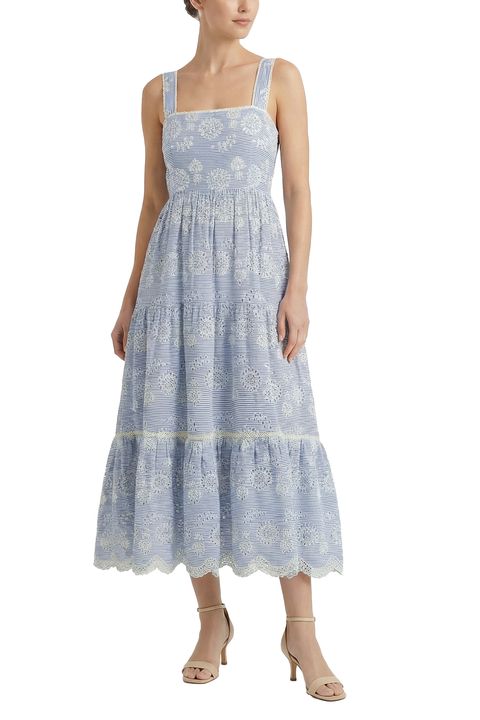 Lizzie Pinstripe Eyelet Tiered Midi Dress