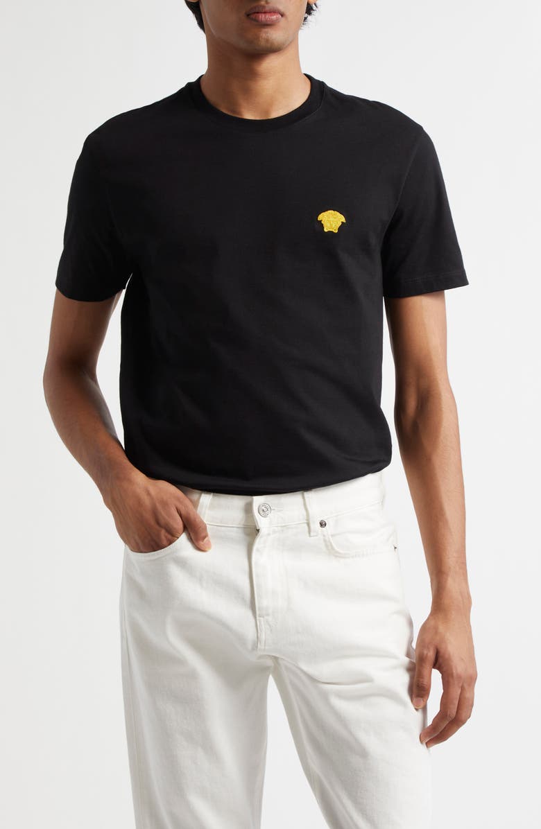 Versace Medusa Embroidered Cotton T-Shirt, Main, color, Black