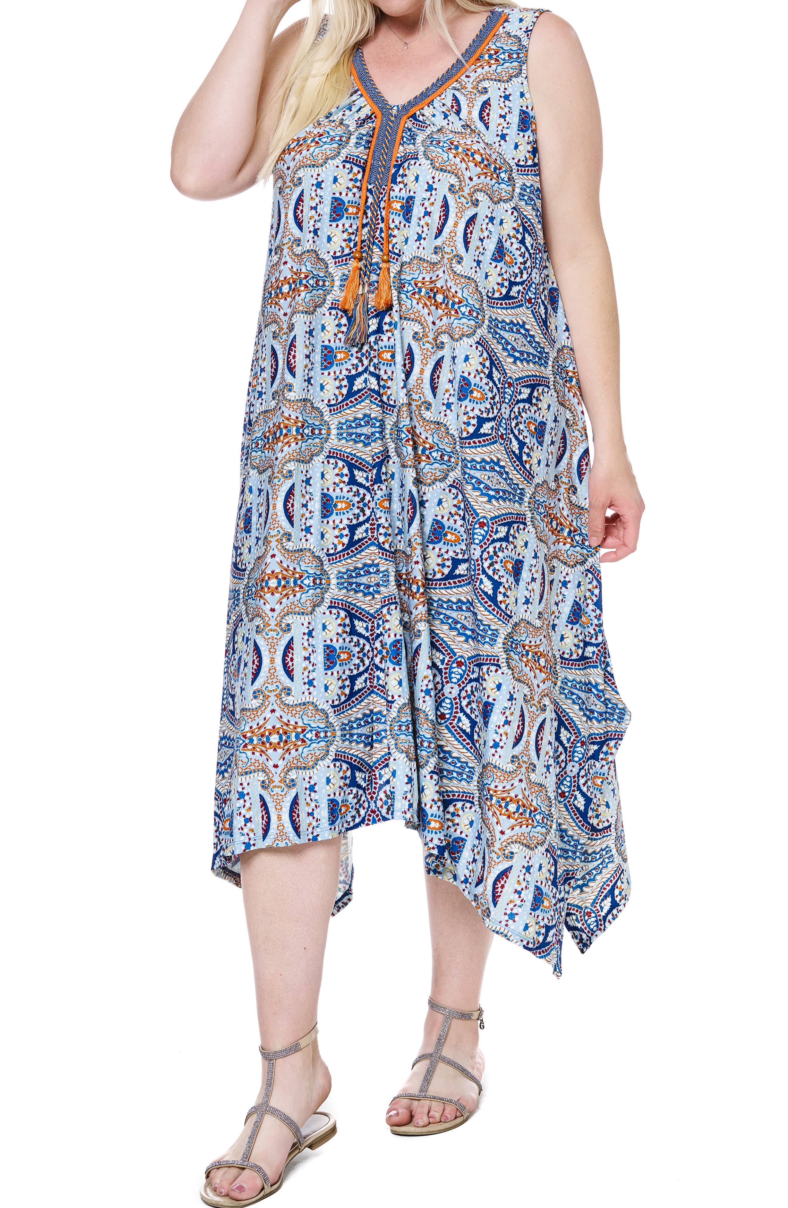 Single Thread Geo Sleeveless Handkerchief Hem Midi Dress (Women ...