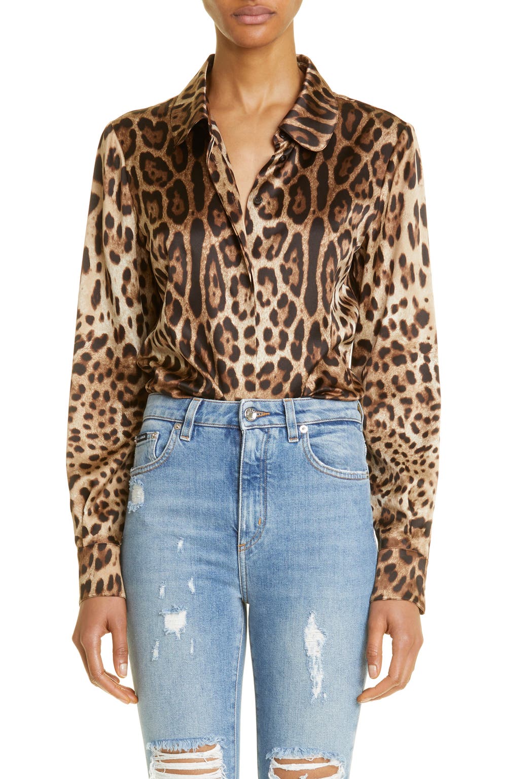 Leopard Print Silk Satin Blouse, color, LIGHT BROWN