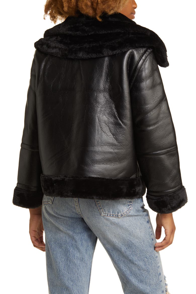 Faux Leather Aviator Jacket with Faux Fur Trim, Alternate, color, BLACK