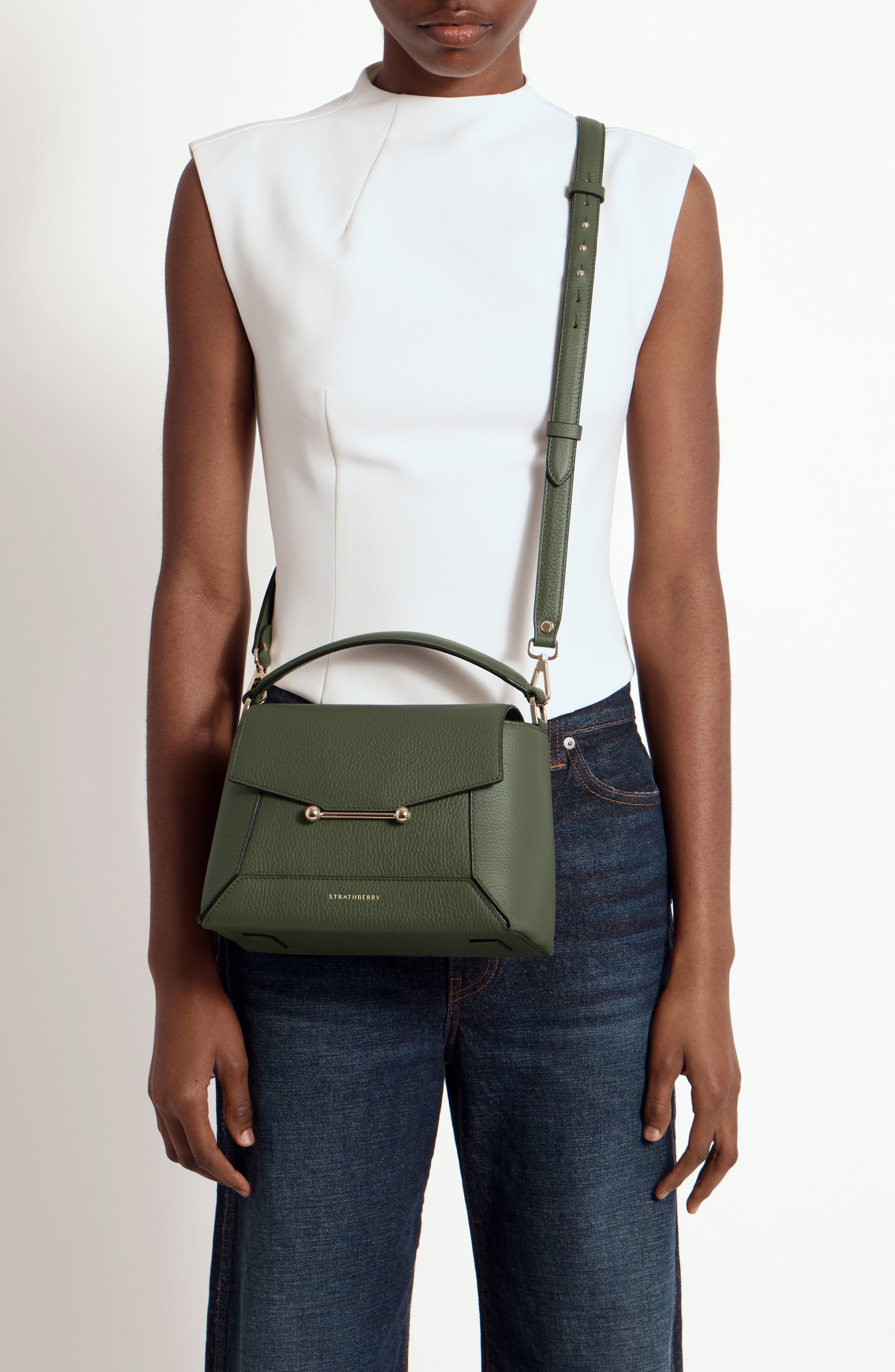 Strathberry Mosaic Leather Top Handle Bag, Alternate, color, Pine Green