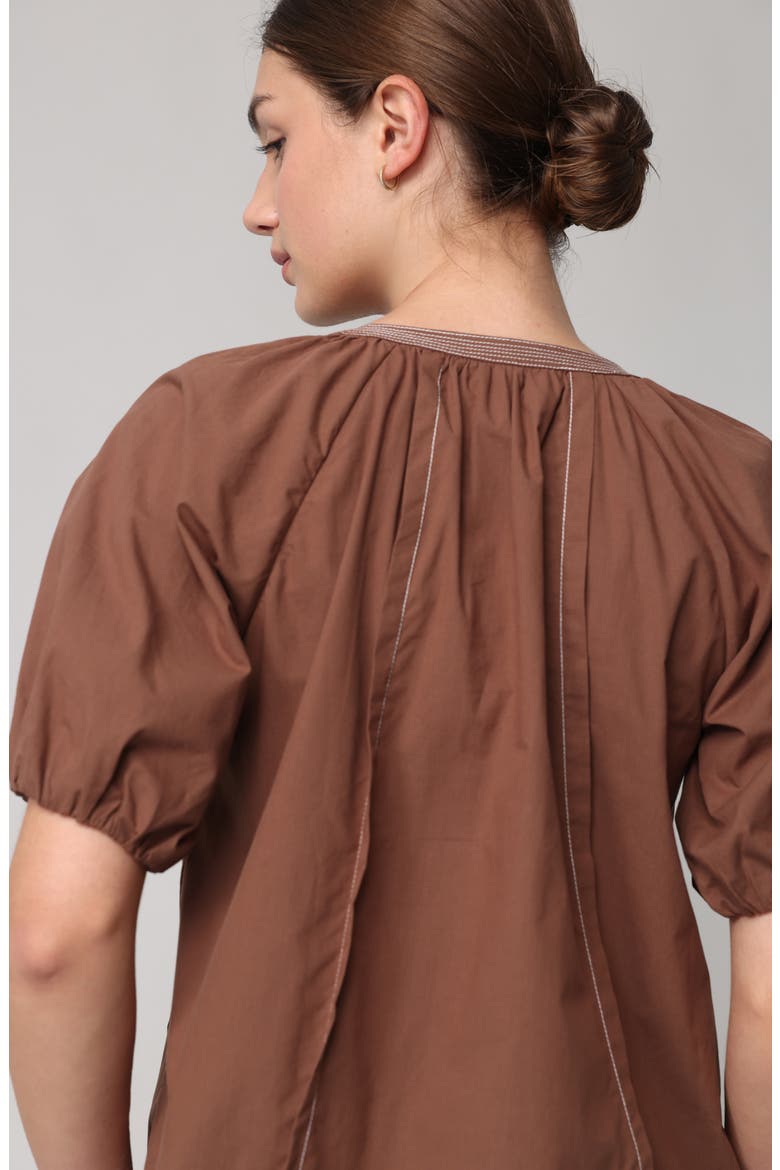 Contrast Stitch Puff Sleeve Top, Alternate, color, BROWN