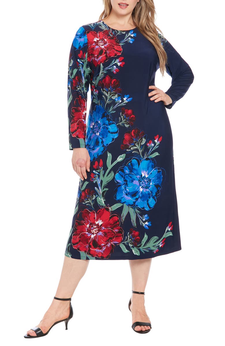 London Times Floral Long Sleeve Jersey Midi Sheath Dress, Main, color,