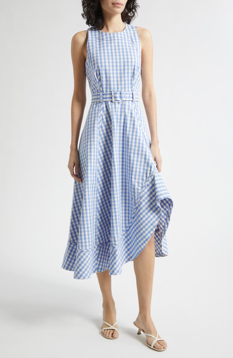 Cinq à Sept Zelda Gingham Belted Denim Midi Dress, Alternate, color, Ultramarine/White