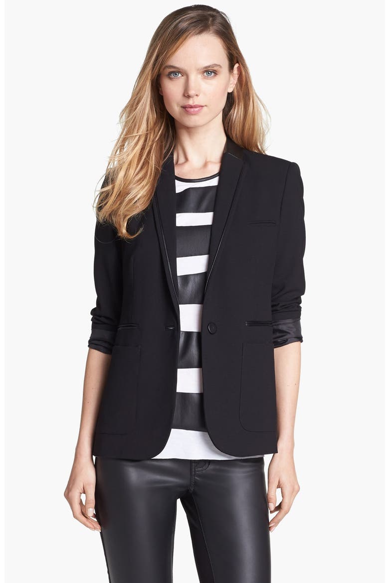 Faux Leather Trim Boyfriend Blazer, Alternate, color, RICH BLACK