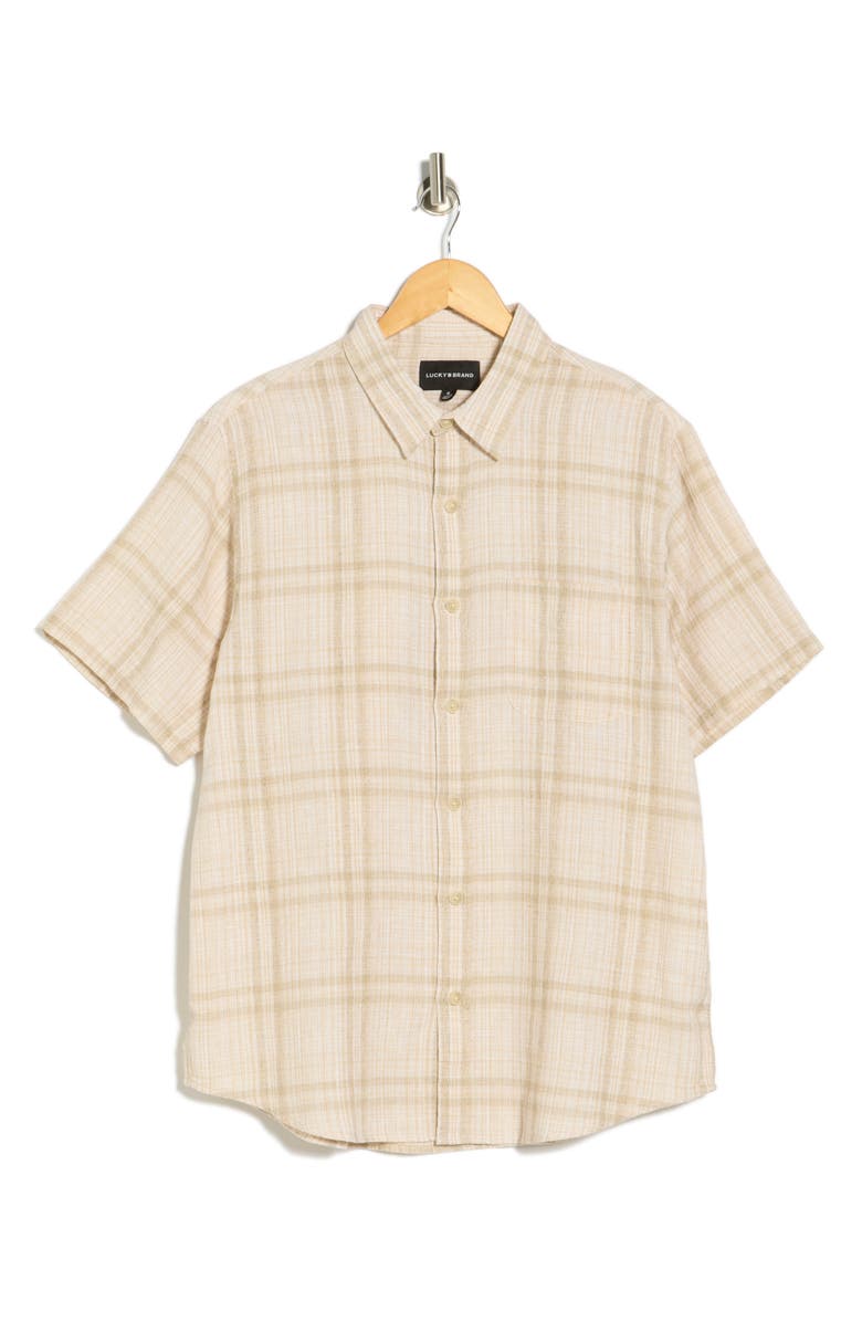 Lucky Brand San Gabriel Short Sleeve Cotton & Linen Button-Up Shirt, Main, color, Natural Multi Plaid