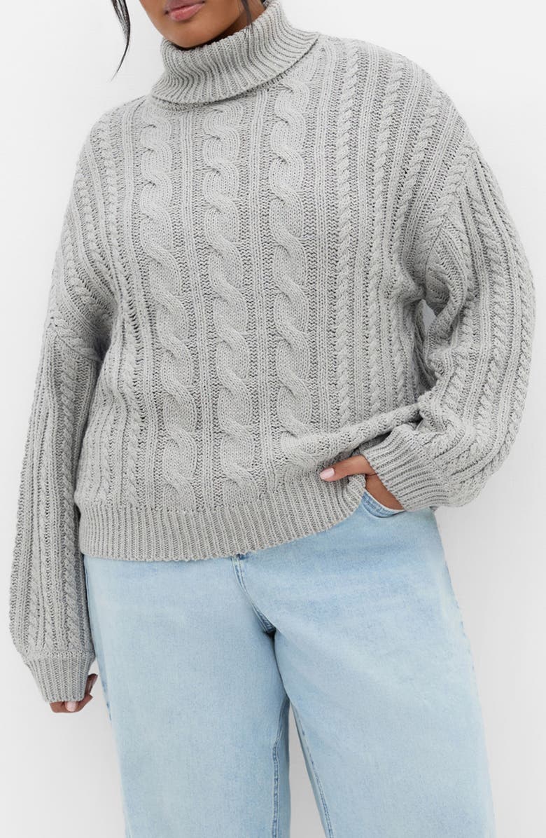 City Chic Avah Cable Stitch Turtleneck Sweater, Main, color, Silver Marl