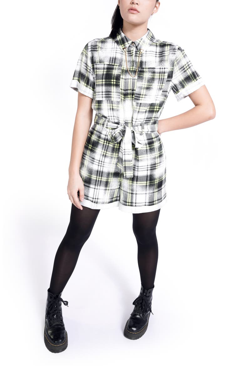 Short Sleeve Romper with Removable Belt (Nordstrom Exclusive), Main, color, IVORY GREEN PLAID