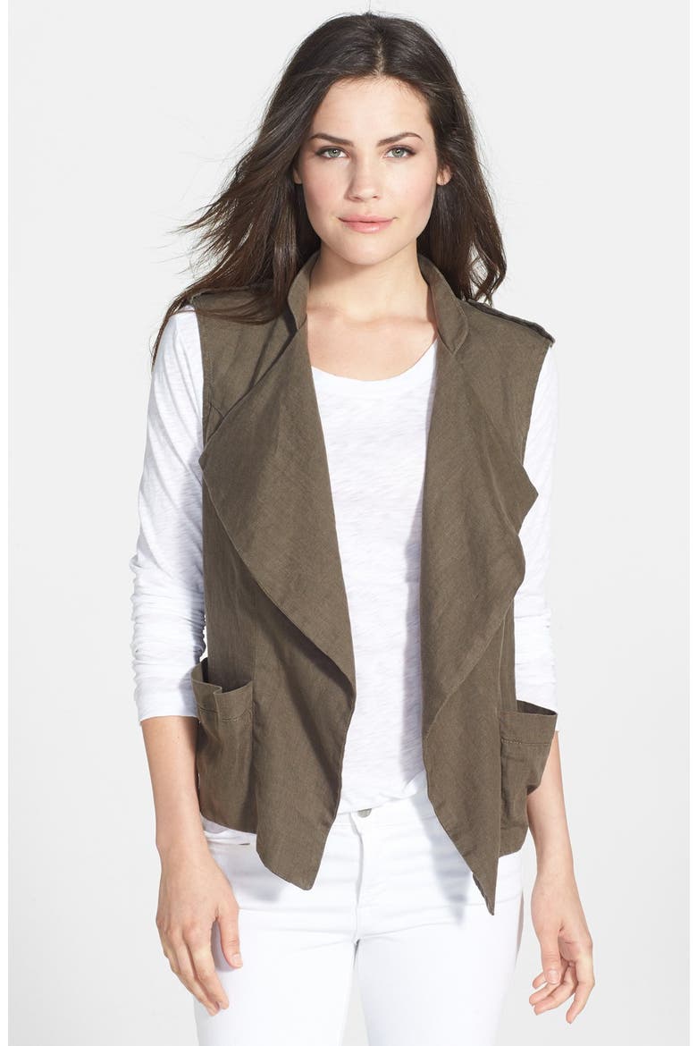 'Hailey' Drape Front Linen Vest, Main, color, DARK OLIVE