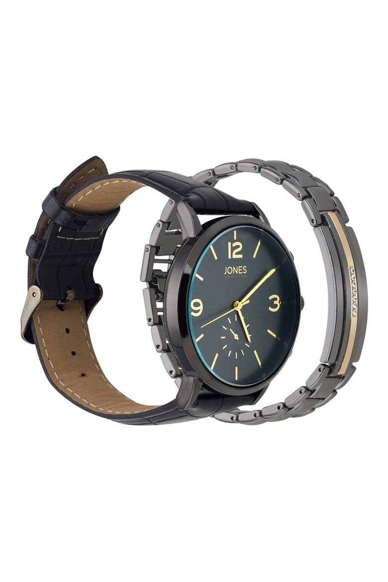 Three-Hand Quartz Bracelet Watch & ID Bracelet Set, Alternate, color, BLACK
