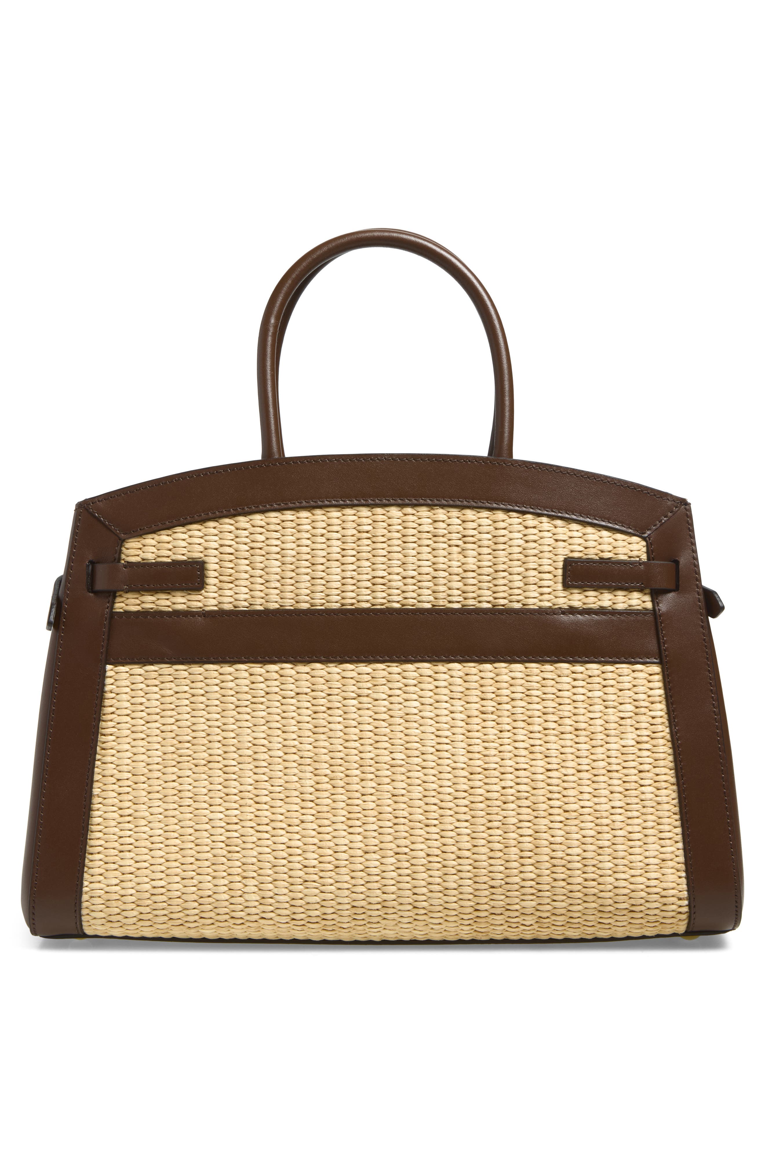 The Midi Hudson Raffia & Leather Satchel, Alternate, color, WARM/ MOCHA