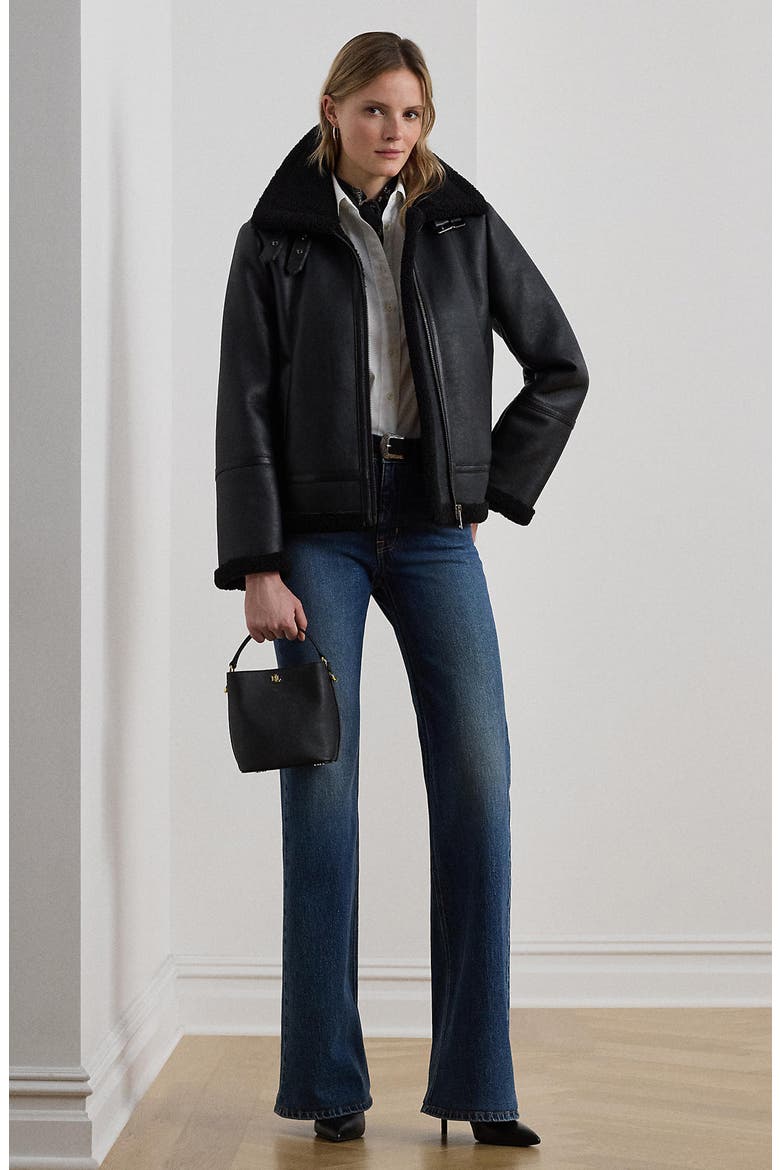 Faux Leather & Faux Shearling Bomber Jacket, Alternate, color, BLACK