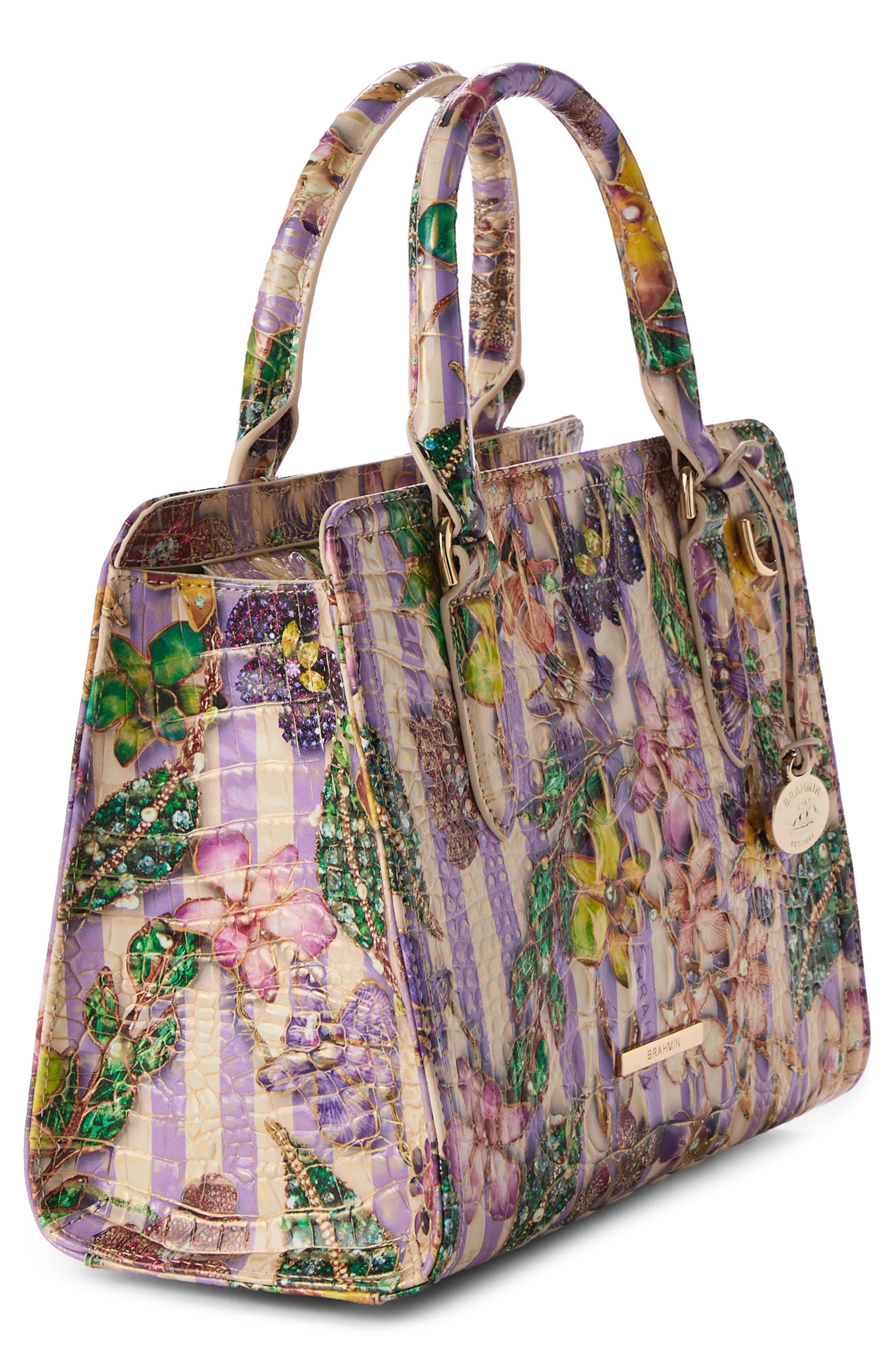 Brahmin Cami Embossed Leather Satchel, Alternate, color, Pinstripe Petals