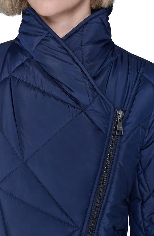 Karl Lagerfeld Paris Quilted Asymmetric Midi Coat In Blue