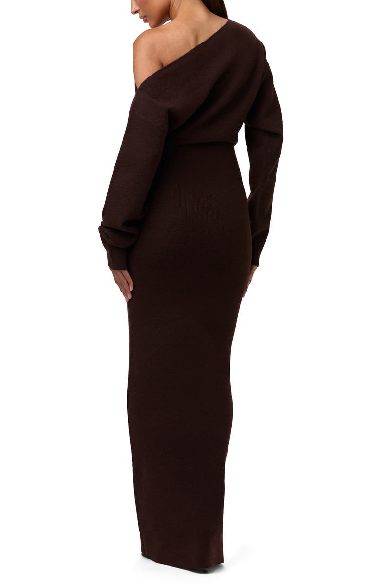 Naked Wardrobe One-Shoulder Long Sleeve Maxi Sweater Dress, Alternate, color, Dark Chocolate