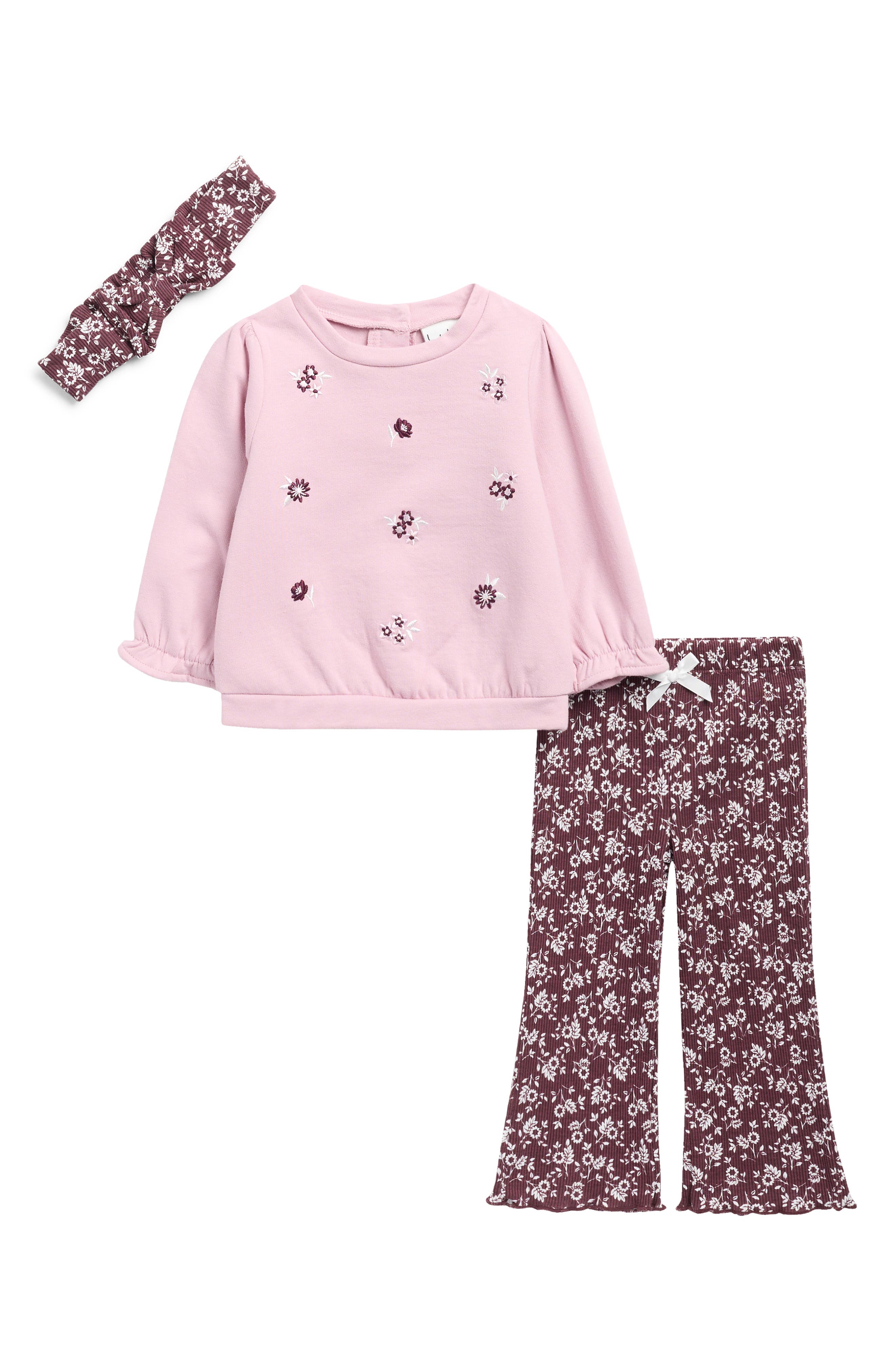 Nicole Miller Floral Fleece Sweatshirt, Ribbed Leggings & Headband Set