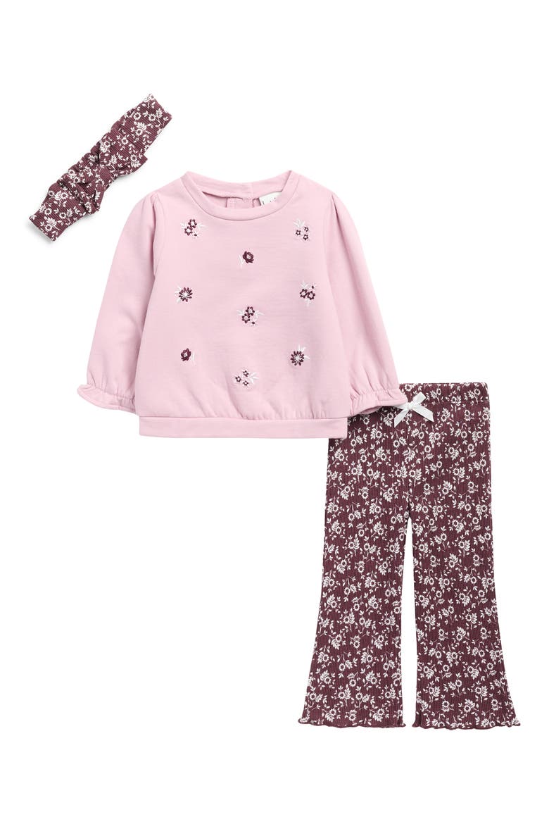 Floral Fleece Sweatshirt, Ribbed Leggings & Headband Set, Main, color, BURNISHED LILAC