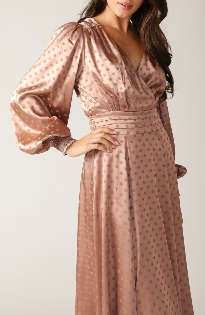 FLYING TOMATO Polka Dot Long Sleeve Satin Midi Dress, Alternate, color, Mocha