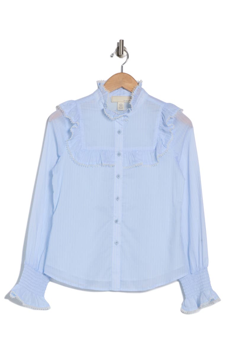 BY DESIGN Remi Ruffle Yoke Long Sleeve Button-Up Shirt, Alternate, color, Ancient Water/ White Stripe