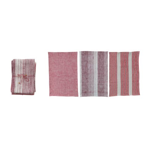 3-Piece Woven Patterned Tea Towels, Red and Natural