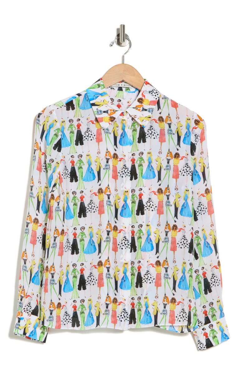 Willa Staceface Silk Button-Up Shirt, Alternate, color, CLUB STACE