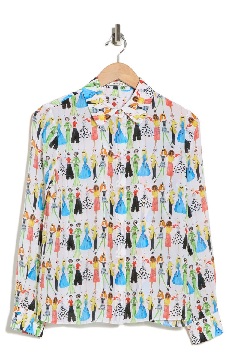 Alice + Olivia Willa Staceface Silk Button-Up Shirt, Main, color, Club Stace