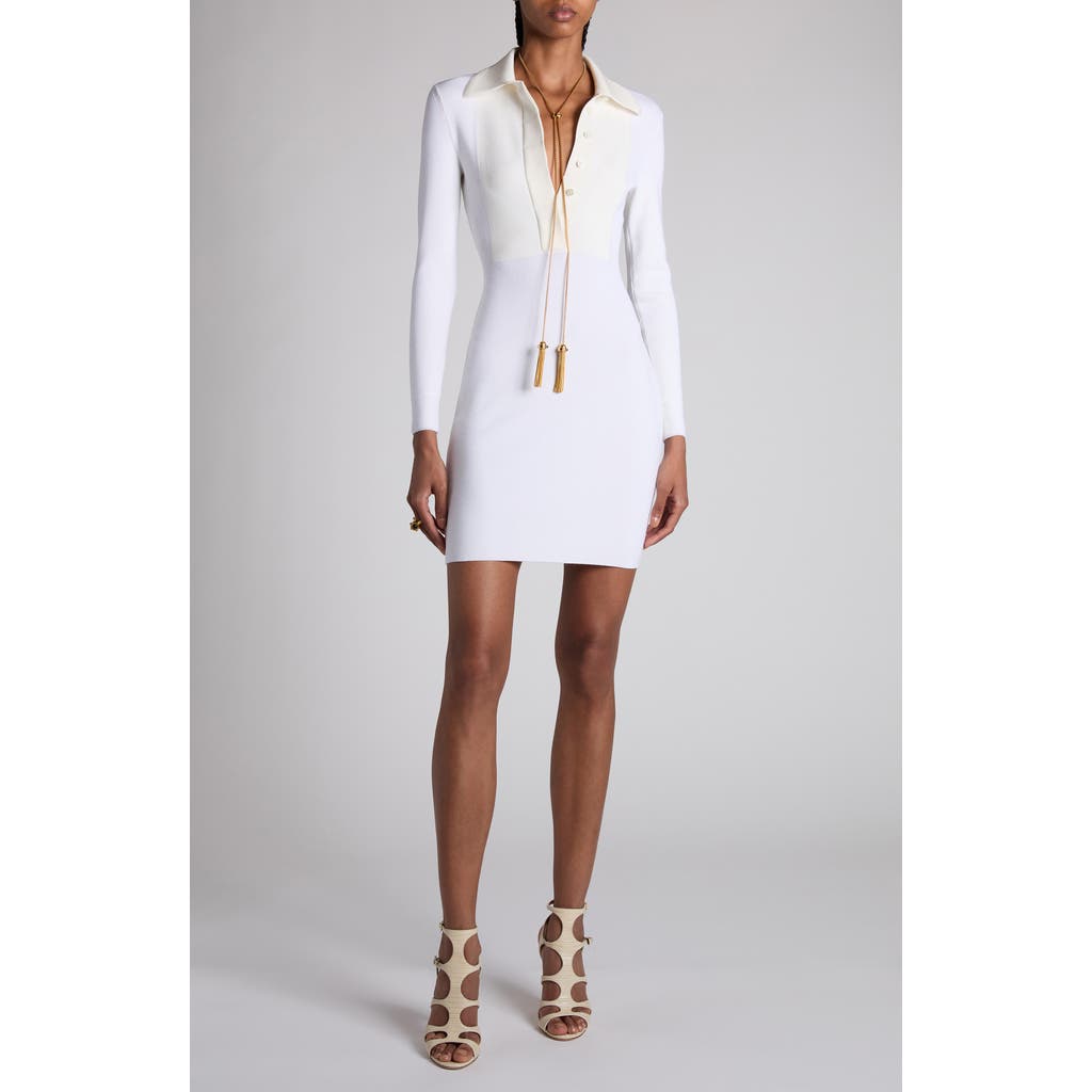 Tom Ford Fine Rib Merino Wool Blend Long Sleeve Minidress In Ecru