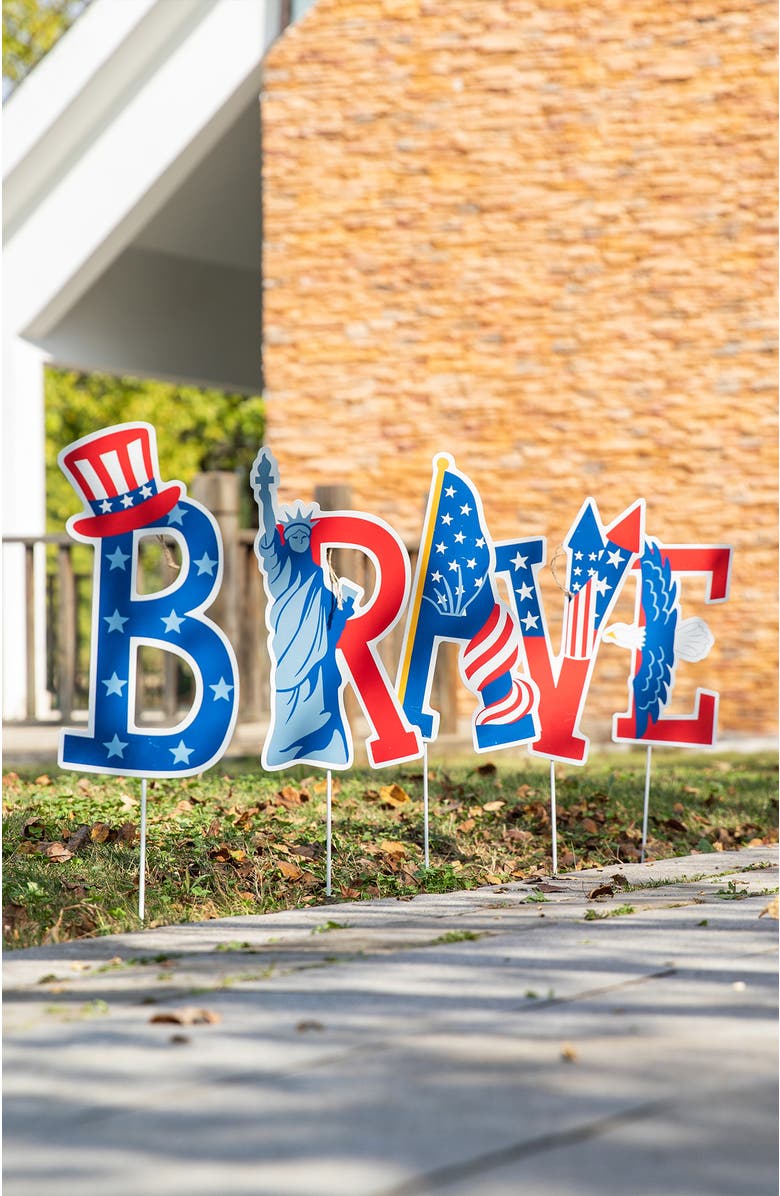 Glitzhome Set of 5 Patriotic Americana BRAVE Yard Stake or Wall Decor, Alternate, color, 