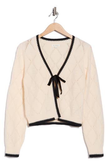 Blu Pepper Ribbon Tie Front Pointelle Cardigan In Neutral