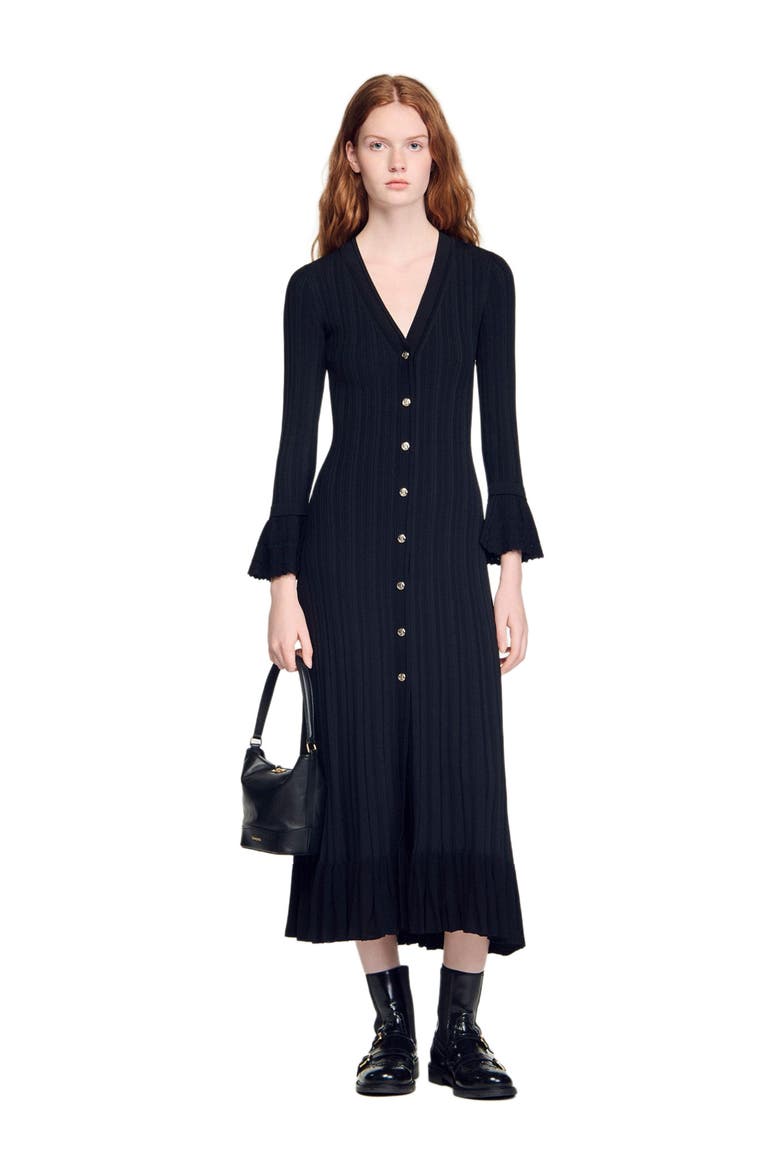 Knit maxi dress with ruffle, Alternate, color, Black