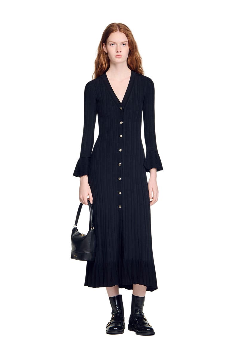 SANDRO Knit maxi dress with ruffle, Alternate, color, Black