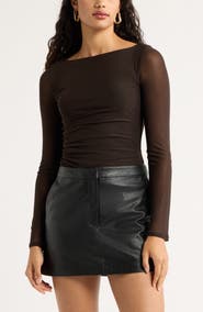 Open Edit Ruched Long Sleeve Mesh Top