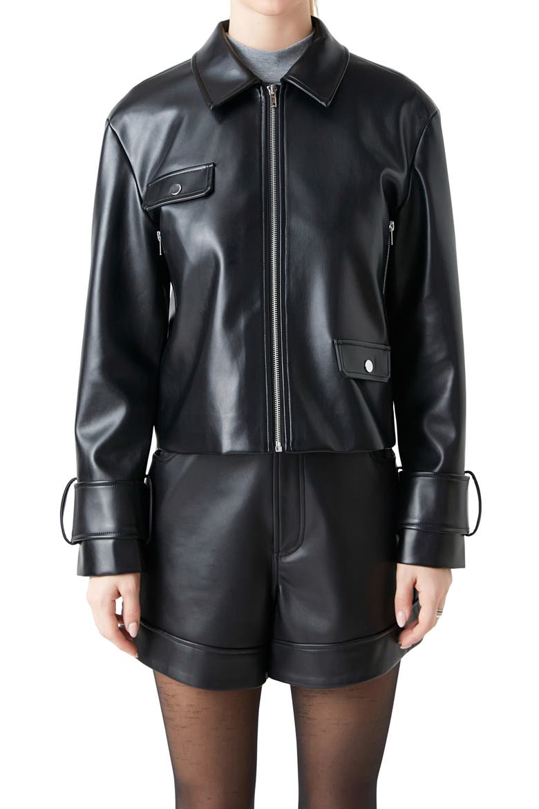 Faux Leather Zip Crop Jacket, Alternate, color, BLACK