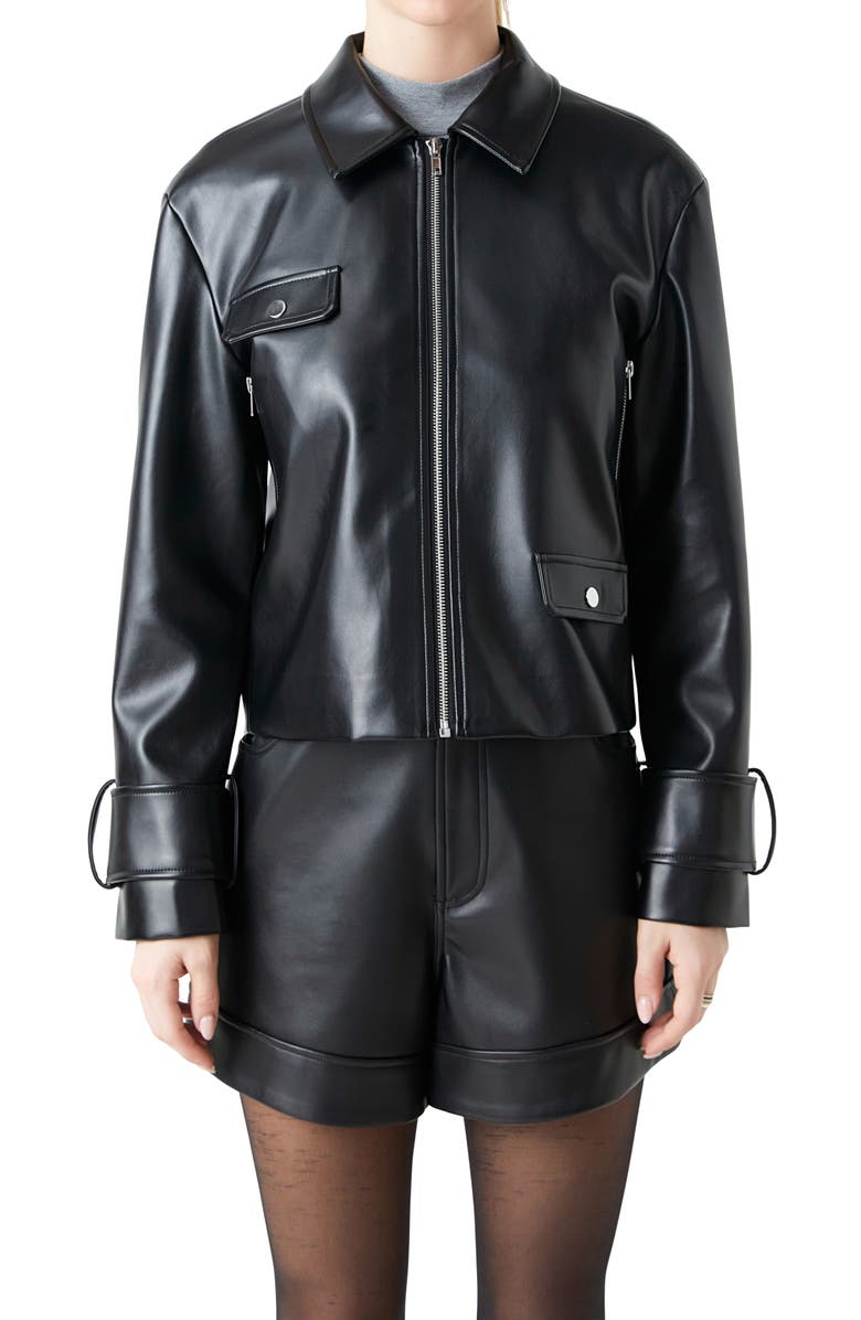 Grey Lab Faux Leather Zip Crop Jacket, Alternate, color, Black
