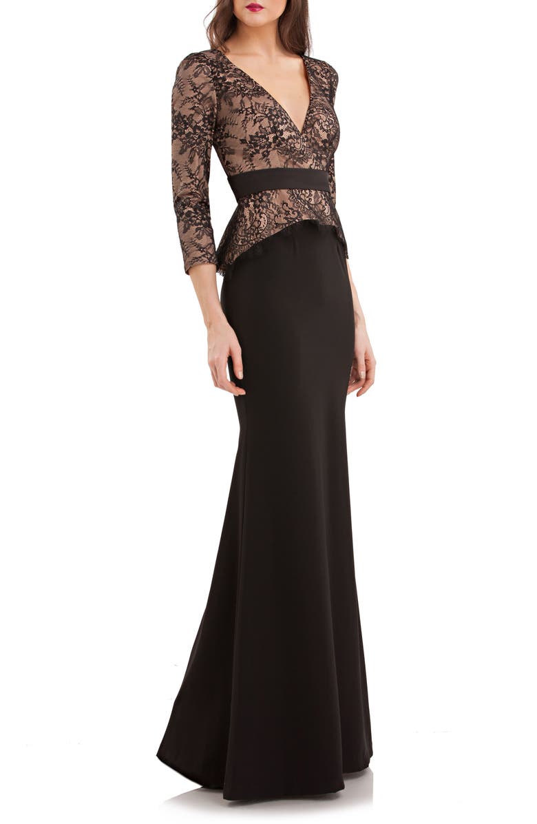 JS Collections Lace & Crepe Peplum Gown, Main, color, 