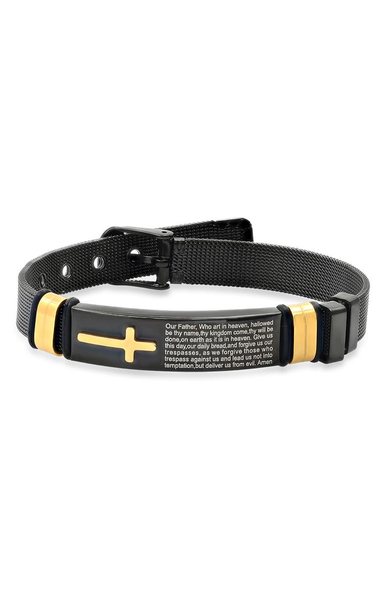 HMY JEWELRY Two Tone Cross & Lord's Prayer Mesh Buckle Bracelet, Main, color, 