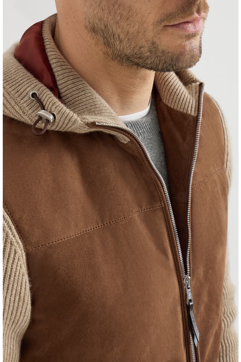 Suede and cashmere knit hooded bomber jacket with Thermore® padding, Alternate, color, Brown
