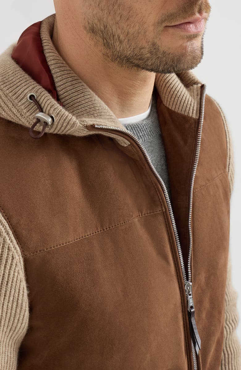 Brunello Cucinelli Suede and cashmere knit hooded bomber jacket with Thermore<sup>®</sup> padding, Alternate, color, Brown