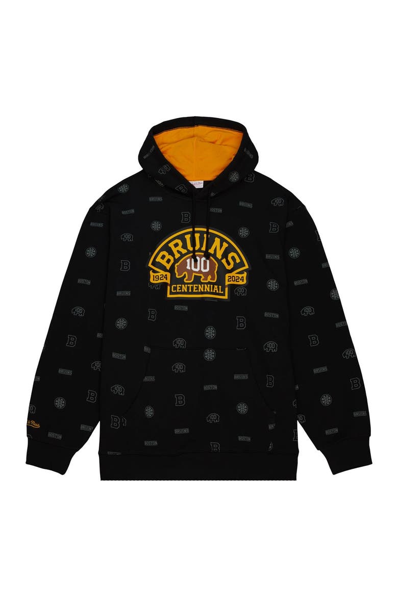 Men's Mitchell & Ness Black Boston Bruins 100th Anniversary Allover Print Pullover Hoodie, Alternate, color, Black