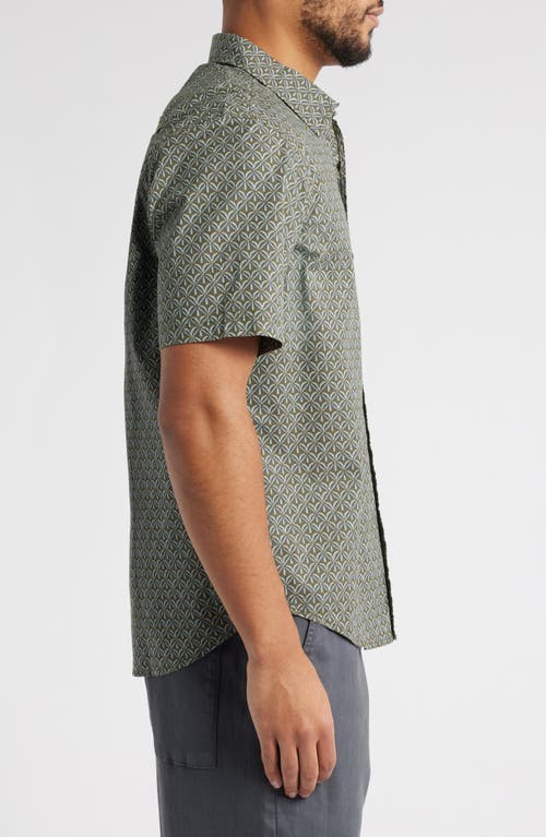 Treasure & Bond Lived In Geo Print Short Sleeve Cotton Poplin Button-up Shirt In Olive Retro Geo