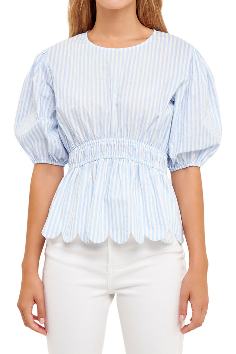 Stripe Puff Sleeve Peplum Top, Alternate, color, BLUE STRIPES