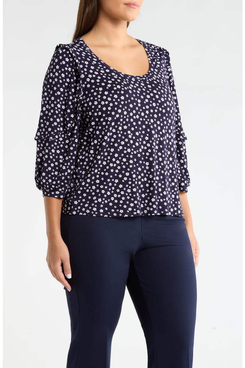 Ruffle Sleeve Print Top, Alternate, color, NAVY/ WHITE DITSY