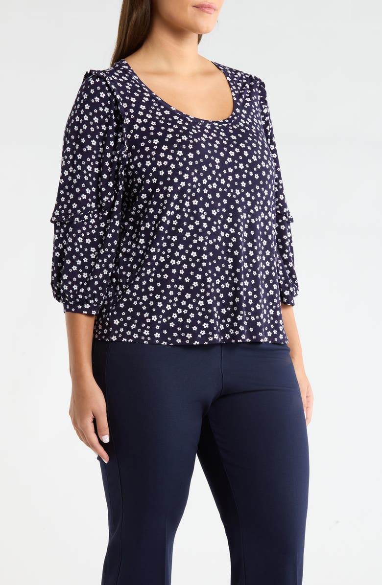 Liverpool Ruffle Sleeve Print Top, Alternate, color, Navy/ White Ditsy