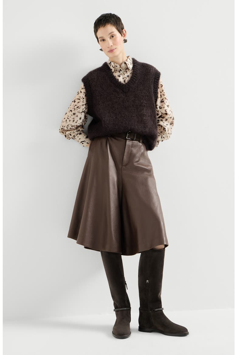 Nappa leather wide Bermuda shorts with monili, Alternate, color, Rust Brown