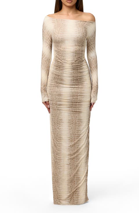 Ruched Off the Shoulder Long Sleeve Maxi Dress