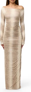 Naked Wardrobe Ruched Off the Shoulder Long Sleeve Maxi Dress