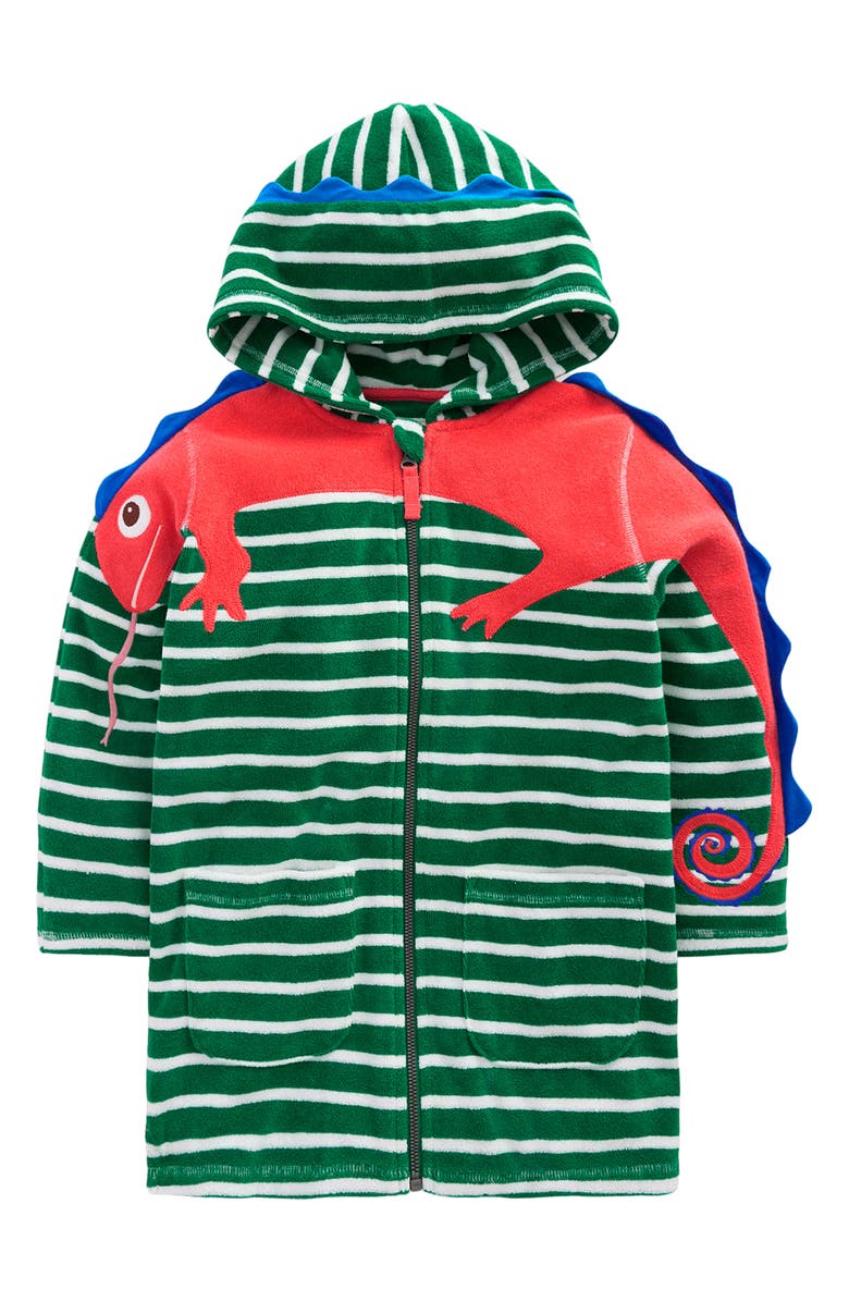 Mini Boden Kids' Fun Towelling Zip-Up Cover-Up, Main, color, Chameleon Green Stripe