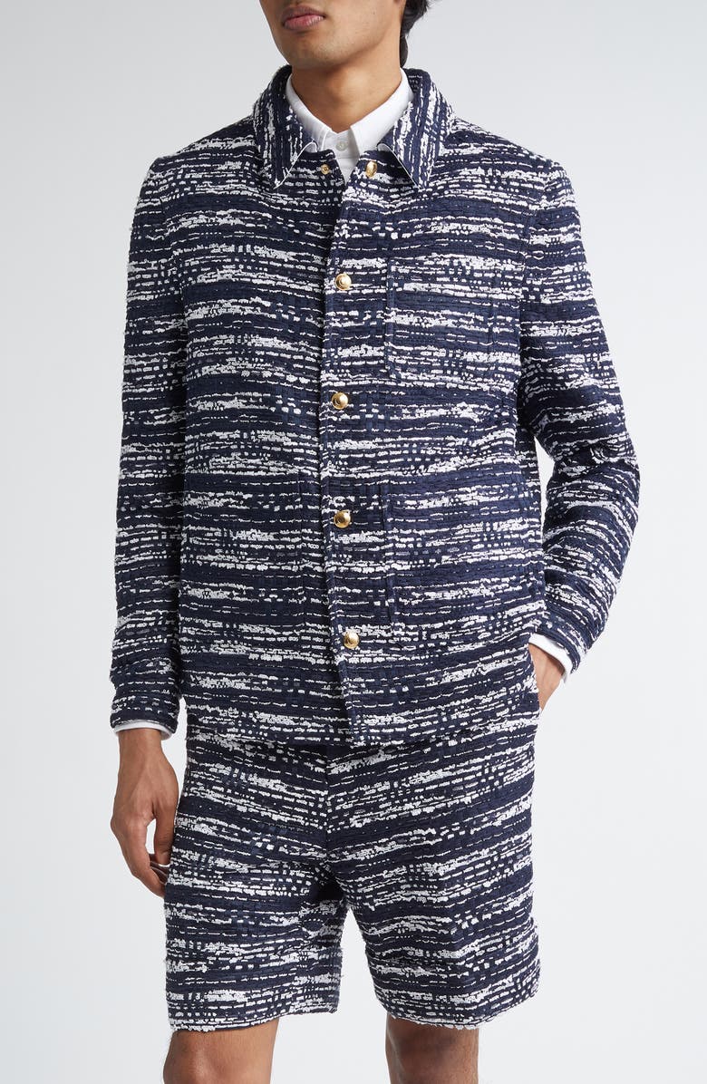 Thom Browne Mèlange Tulle Yarn Tweed Utility Jacket, Main, color, Navy